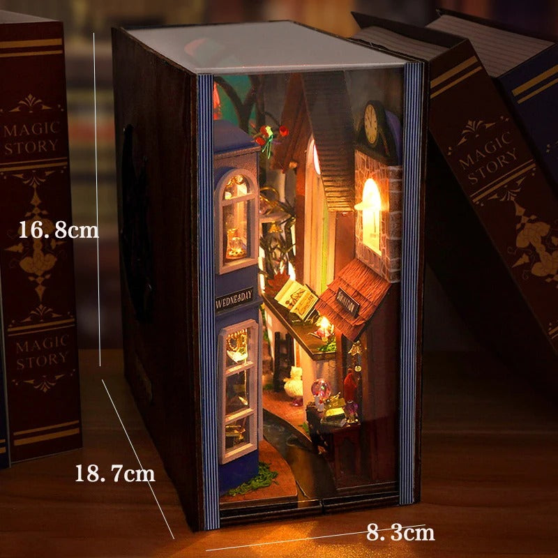 DIY Book Nook Kit - Wooden Dollhouse 3D Puzzle with LED Lights, Bookshelf Insert & Home Decor